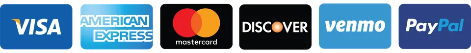 Accepted payments: Visa, American Express, Mastercard, Discover, Venmo and PayPal